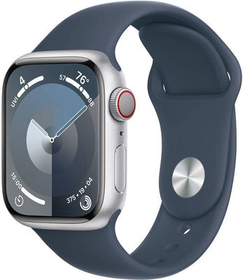 Apple Watch Series 9, GPS + Cellular, 45mm Pouzdro ze stříbrného hliníku, sportovní řemínek M/L