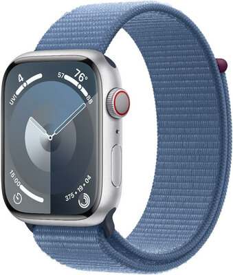 Apple Watch Series 9 GPS + Cellular 41mm stříbrné hliníkové pouzdro s ledově modrým provlékacím sportovním řemínkem