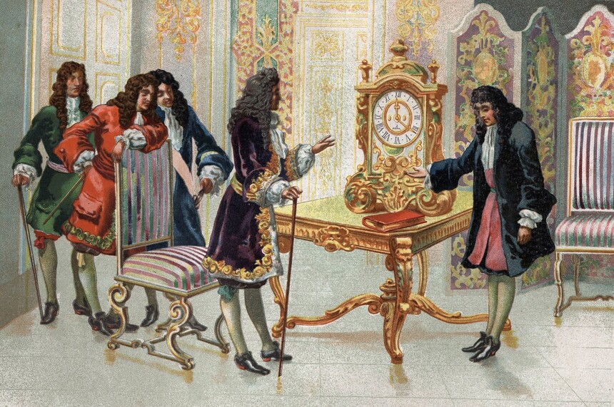 Christiaan Huygens (1629-1695), holandský matematik a astronom, představující své hodiny Ludvíku XIV. Foto: https://www.meisterdrucke.cz