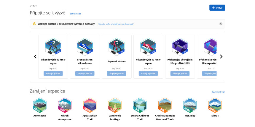 Výzvy a odznaky za jejich splnění, screenshot z aplikace Garmin Connect
