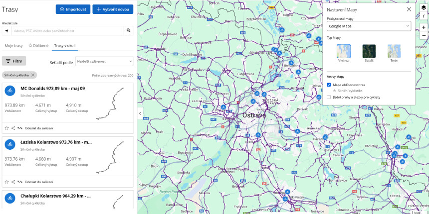 Heat mapy, screenshot z webové aplikace Garmin Connect