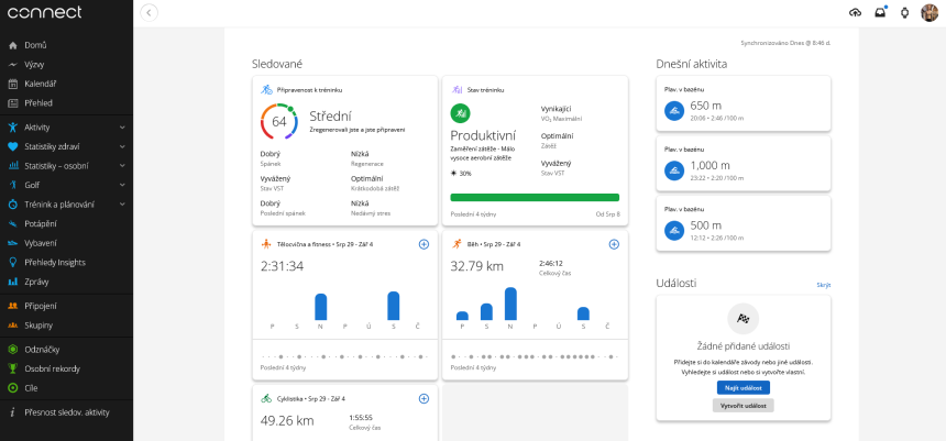 Aplikace Garmin Connect ve webovém rozhraní