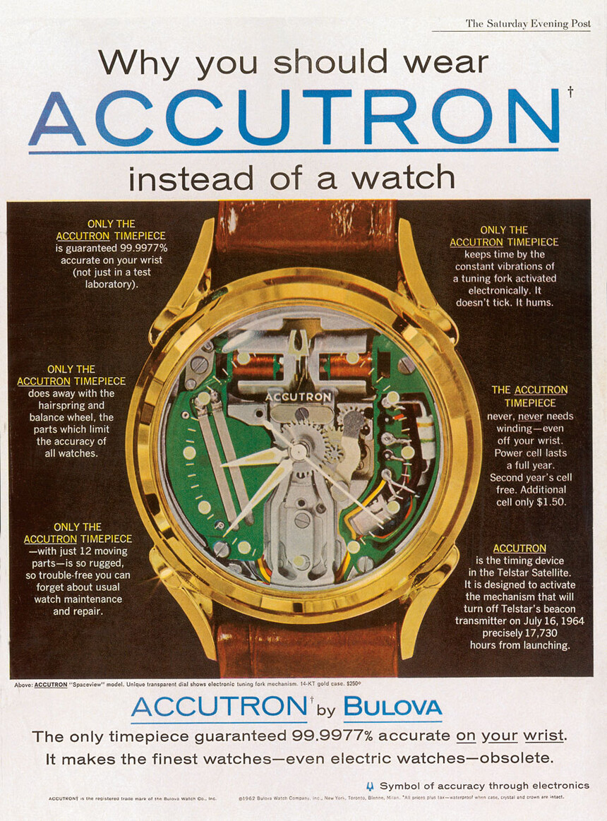 Dobová reklama na hodinky Bulova Accutron. Zdroj: www.timesticking.com