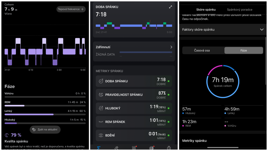 vlevo (Suunto Race 3S), uprostřed (Amazfit Helio Ring), vpravo (Garmin CIRQA)