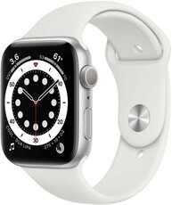 Apple Watch Series 6 GPS, 44mm, pouzdro ze stříbrného hliníku s bílým sportovním řemínkem