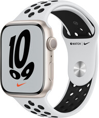 Apple Watch Nike Series 7 GPS, 45mm, pouzdro z hvězdně bílého hliníku s platinovým sportovním řemínkem Nike