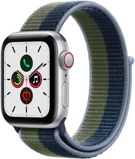 Apple Watch SE GPS + Cellular, 40mm pouzdro ze stříbrného hliníku s modrým/zeleně mechovým sportovním řemínkem