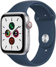 Apple Watch SE GPS + Cellular, 44mm pouzdro ze stříbrného hliníku s hlubokomořsky modrým sportovním řemínkem