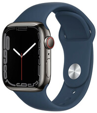 Apple Watch Series 7 GPS + Cellular, 41mm pouzdro z grafitově šedé oceli s hlubokomořsky modrým sportovním řemínkem