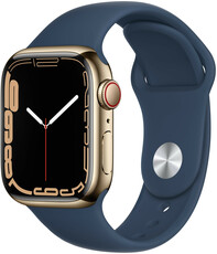 Apple Watch Series 7 GPS + Cellular, 41mm zlaté pouzdro z nerezové oceli s modrým sportovním řemínkem