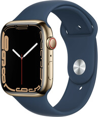 Apple Watch Series 7 GPS + Cellular, 45mm zlaté pouzdro z nerezové oceli s modrým sportovním řemínkem