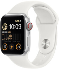 Apple Watch SE (2022) GPS + Cellular, 40mm Pouzdro ze stříbrného hliníku, bílý sportovní řemínek