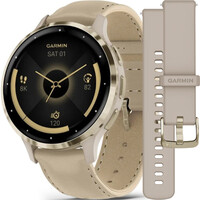 Garmin Venu 3S Cream Gold / French Gray, Sand Leather Band (Premium) (+ náhradní silkonový řemínek)