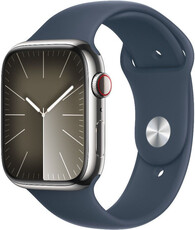 Apple Watch Series 9 GPS + Cellular 45mm stříbrné pouzdro z nerezové oceli s bouřkově modrým sportovním řemínkem - M/L