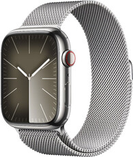 Apple Watch Series 9 GPS + Cellular 45mm stříbrné pouzdro z nerezové oceli se stříbrným milánským tahem