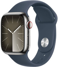 Apple Watch Series 9 GPS + Cellular 41mm Silver pouzdro ze stříbrné nerezové oceli a bouřkově modrý sportovní řemínek
