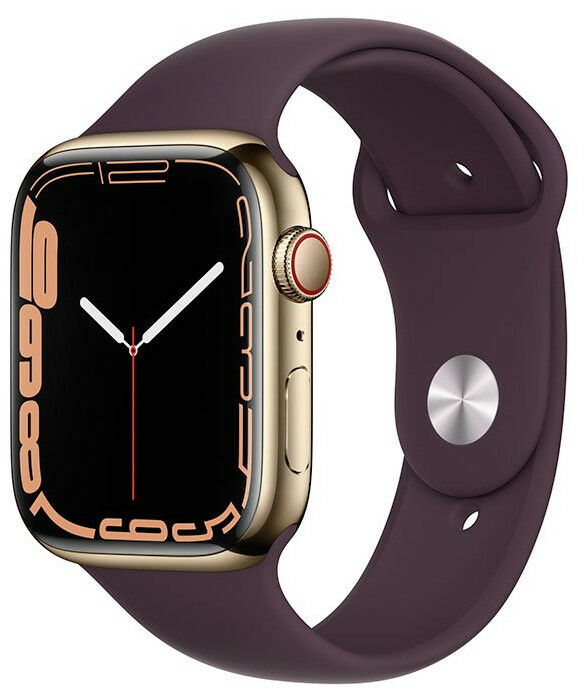 Apple Watch Series 7 GPS + Cellular, 45mm, pouzdro ze zlaté oceli s temně třešňovým sportovním řemínkem