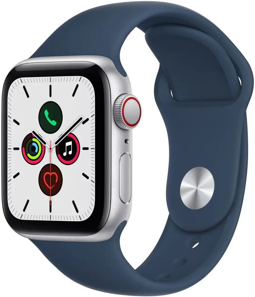 Apple Watch SE GPS + Cellular, 40mm pouzdro ze stříbrného hliníku s hlubokomořsky modrým sportovním řemínkem