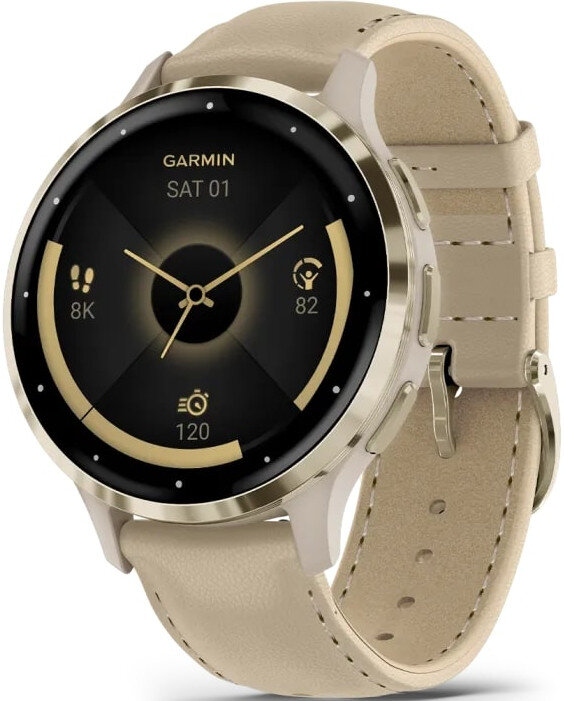 Garmin Venu 3S Cream Gold / French Gray, Sand Leather Band (+ silikonový řemínek) (Premium)