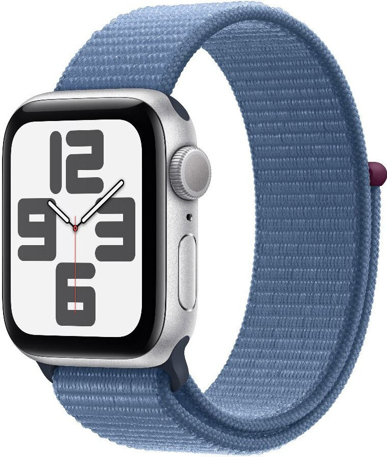 Apple Watch SE (2023) GPS 44mm stříbrné hliníkové pouzdro s ledově modrým provlékacím sportovním řemínkem