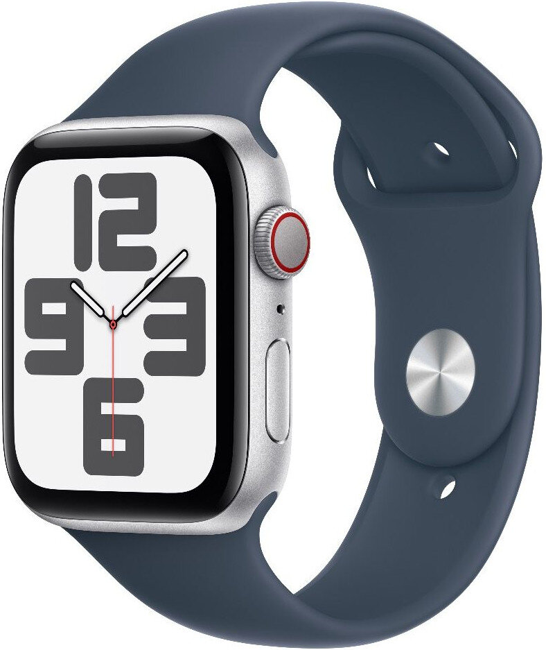 Apple Watch SE (2023) GPS + Cellular 44mm stříbrné hliníkové pouzdro s bouřkově modrým sportovním řemínkem - M/L