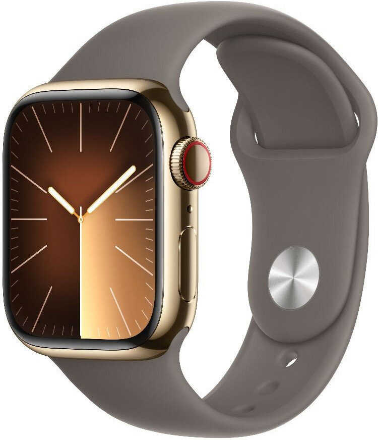 Apple Watch Series 9 GPS + Cellular 45mm zlaté pouzdro z nerezové oceli s jílově šedým sportovním řemínkem - S/M