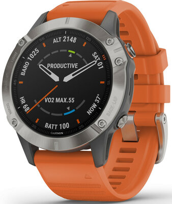 Garmin Fenix 6 PRO Sapphire, Titanium/Orange Band (MAP/Music) (II. Jakost)