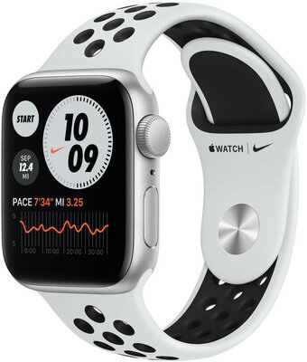 Apple Watch Nike SE GPS, 40mm, pouzdro ze stříbrného hliníku s platinovým/černým sportovním řemínkem Nike