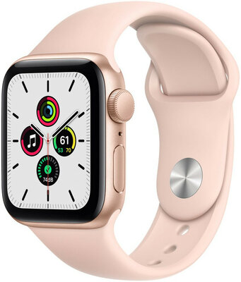 Apple Watch SE GPS, 44mm, pouzdro ze zlatého hliníku s pískově růžovým sportovním řemínkem