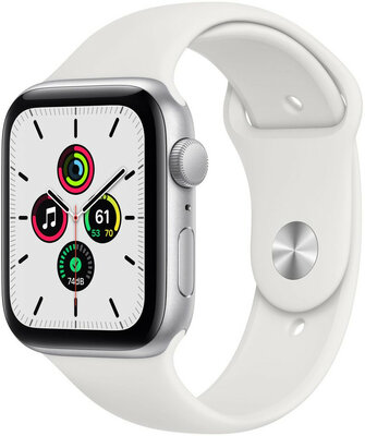 Apple Watch SE GPS, 44mm, pouzdro ze stříbrného hliníku s bílým sportovním řemínkem (rozbalené)
