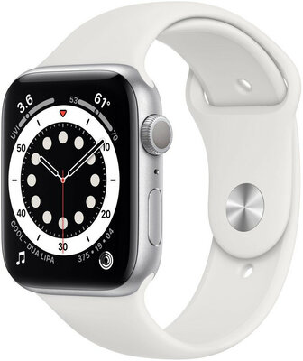 Apple Watch Series 6 GPS, 40mm, pouzdro ze stříbrného hliníku s bílým sportovním řemínkem (rozbalené)