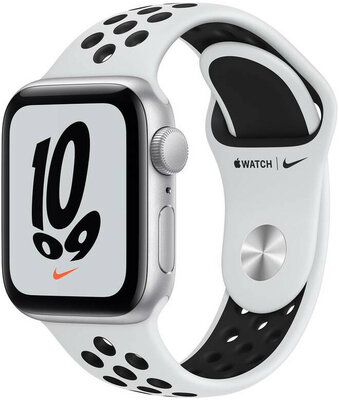 Apple Watch Nike SE GPS, 44mm, pouzdro ze střírbného hliníku s platinovým / černým sportovním řemínkem