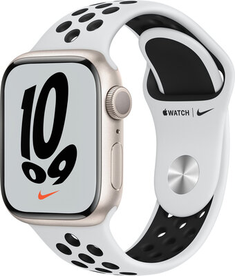 Apple Watch Nike Series 7 GPS, 41mm, pouzdro z hvězdně bílého hliníku s platinovým sportovním řemínkem Nike