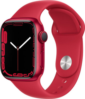 Apple Watch Series 7 GPS, 41mm, pouzdro z červeného hliníku s červeným sportovním řemínkem