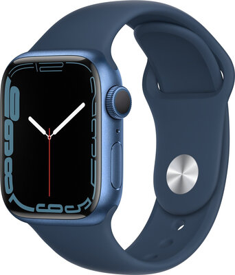Apple Watch Series 7 GPS, 41mm, pouzdro z modrého hliníku s hlubokomořsky modrým sportovním řemínkem