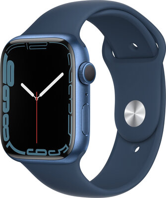 Apple Watch Series 7 GPS, 45mm, pouzdro z modrého hliníku s hlubokomořsky modrým sportovním řemínkem