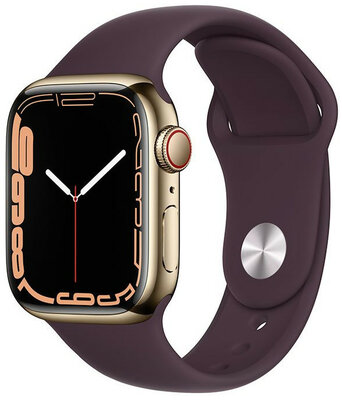 Apple Watch Series 7 GPS + Cellular, 41mm pouzdro ze zlatého nerez oceli s temně třešňovým sportovním řemínkem