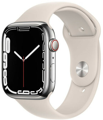 Apple Watch Series 7 GPS + Cellular, 45mm pouzdro ze stříbrné oceli s hvězdně bílým sportovním řemínkem