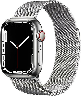 Apple Watch Series 7 GPS + Cellular, 41mm stříbrná ocel se stříbrným milánským tahem