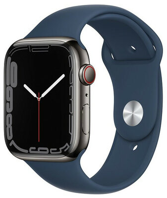 Apple Watch Series 7 GPS + Cellular, 45mm pouzdro z grafitově šedé oceli s hlubokomořsky modrým sportovním řemínkem