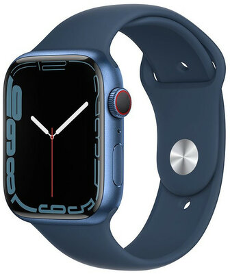 Apple Watch Series 7 GPS + Cellular, 45mm pouzdro z modrého hliníku s hlubokomořsky modrým sportovním řemínkem
