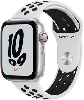 Apple Watch Nike SE GPS + Cellular, 44mm pouzdro ze stříbrného hliníku s platinovým/černým sportovním řemínkem Nike