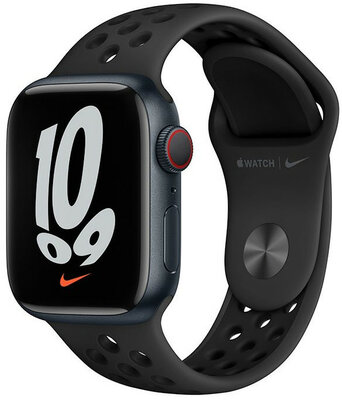 Apple Watch Nike Series 7 GPS + Cellular, 41mm pouzdro z temně inkoustového hliníku s černým sportovním řemínkem Nike