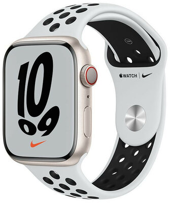 Apple Watch Nike Series 7 GPS + Cellular, 45mm pouzdro z hvězdně bílého hliníku s platinovým sportovním řemínkem Nike