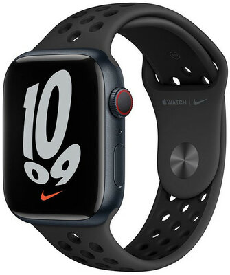 Apple Watch Nike Series 7 GPS + Cellular, 45mm pouzdro z temně inkoustového hliníku s černým sportovním řemínkem Nike