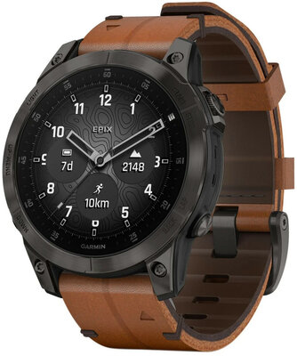 Garmin Epix 2 Sapphire, Titan Black / Brown Leather Band (Premium) (+ náhradní řemínek)