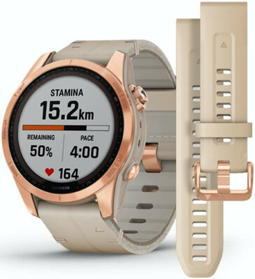 Garmin Fenix 7S Sapphire Solar Rose Gold Titanium / Limestone Leather Band (Premium) + náhradní silikonový řemínek