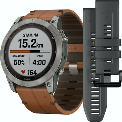 Garmin Fenix 7X Sapphire Solar Titanium / Brown Leather Band (Premium) + náhradní silikonový řemínek