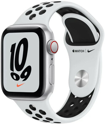 Apple Watch Nike SE GPS + Cellular, 40mm pouzdro ze stříbrného hliníku s platinovým/černým sportovním řemínkem Nike