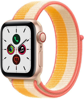 Apple Watch SE GPS + Cellular, 40mm pouzdro ze zlatého hliníku s oranžovožlutým/bílým sportovním řemínkem